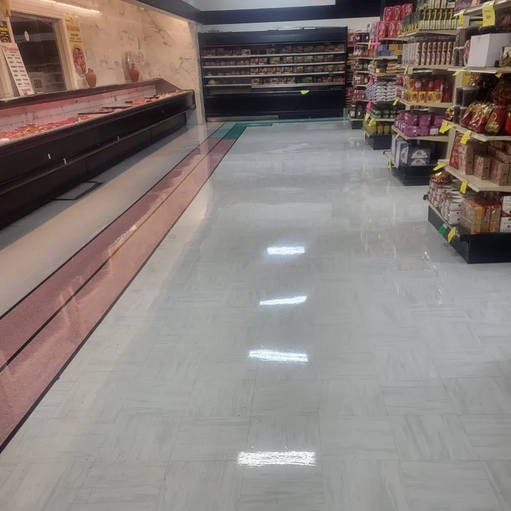 Freshly polished commercial grocery store floor